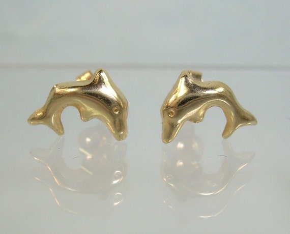 14K TINY DOLPHINS Post Studs Earrings-Vintage .4g… - image 1