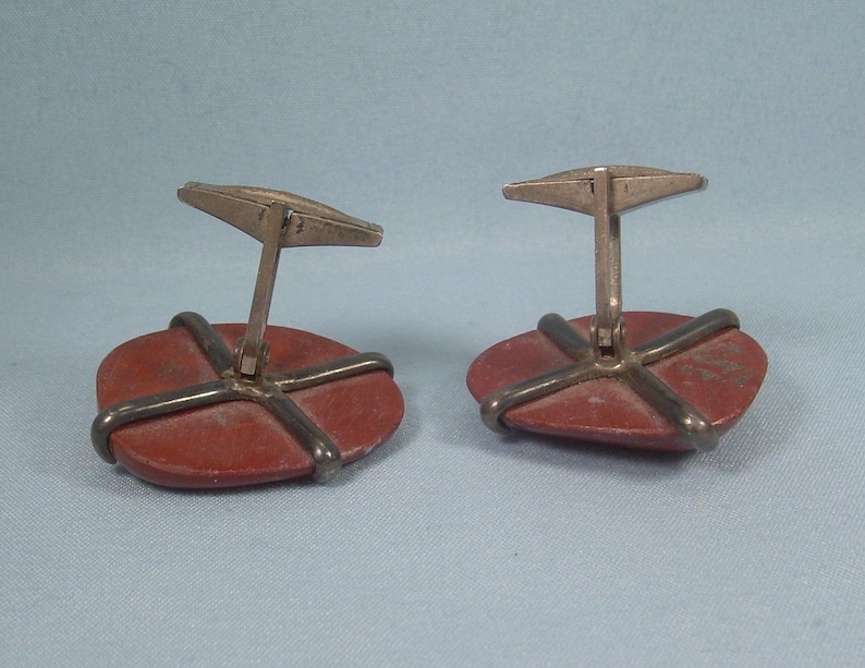 STERLING HUGE RED Jasper Cuff Links-Vintage Antique 925 Silver-Chunky Southwest Blood Stone Rock-Giant Large Big-Hinged Cuff Links-Oval Eggs