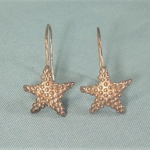 May include: A pair of silver starfish earrings with a textured surface. The earrings have a simple, elegant design.