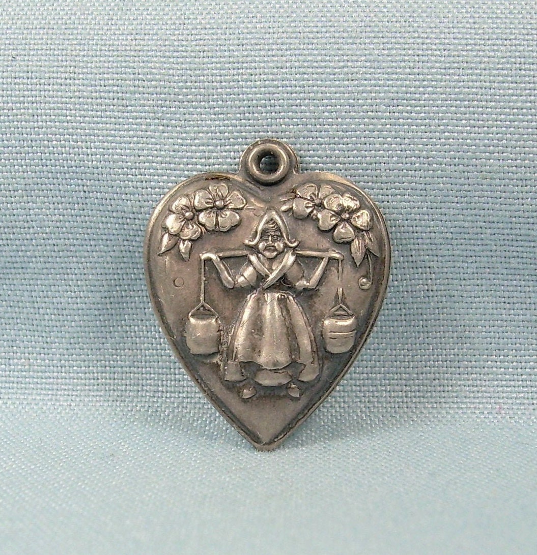 STERLING PUFFY HEART Milkmaid Charm Pendant-Vintage Antique Silver-Girl Maiden Carrying Milk Bucket Pails-Dutch Holland Swiss Alps Bavarian