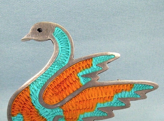 STERLING SWAN Bird Brooch Pin-Vintage Guilloche 9… - image 9