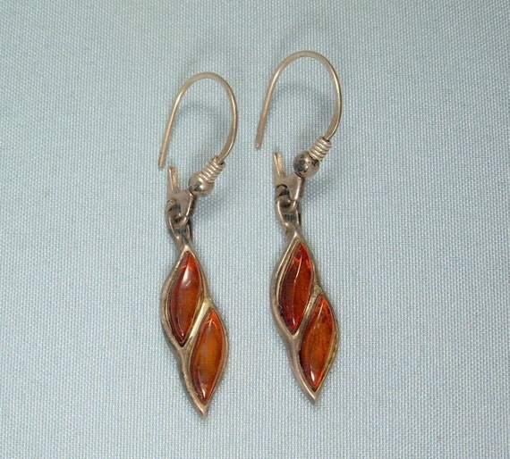 Boucles D'oreilles Vintage - Ambre Miel Naturel Et Argent - Occasion
