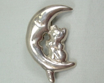 STERLING CAT On CRESCENT Moon Pin Brooch-Vintage Puffy 925 Silver-Celestial Lunar Phases-Mani Man In The Moon-Kitty Kitten Feline-Large Big