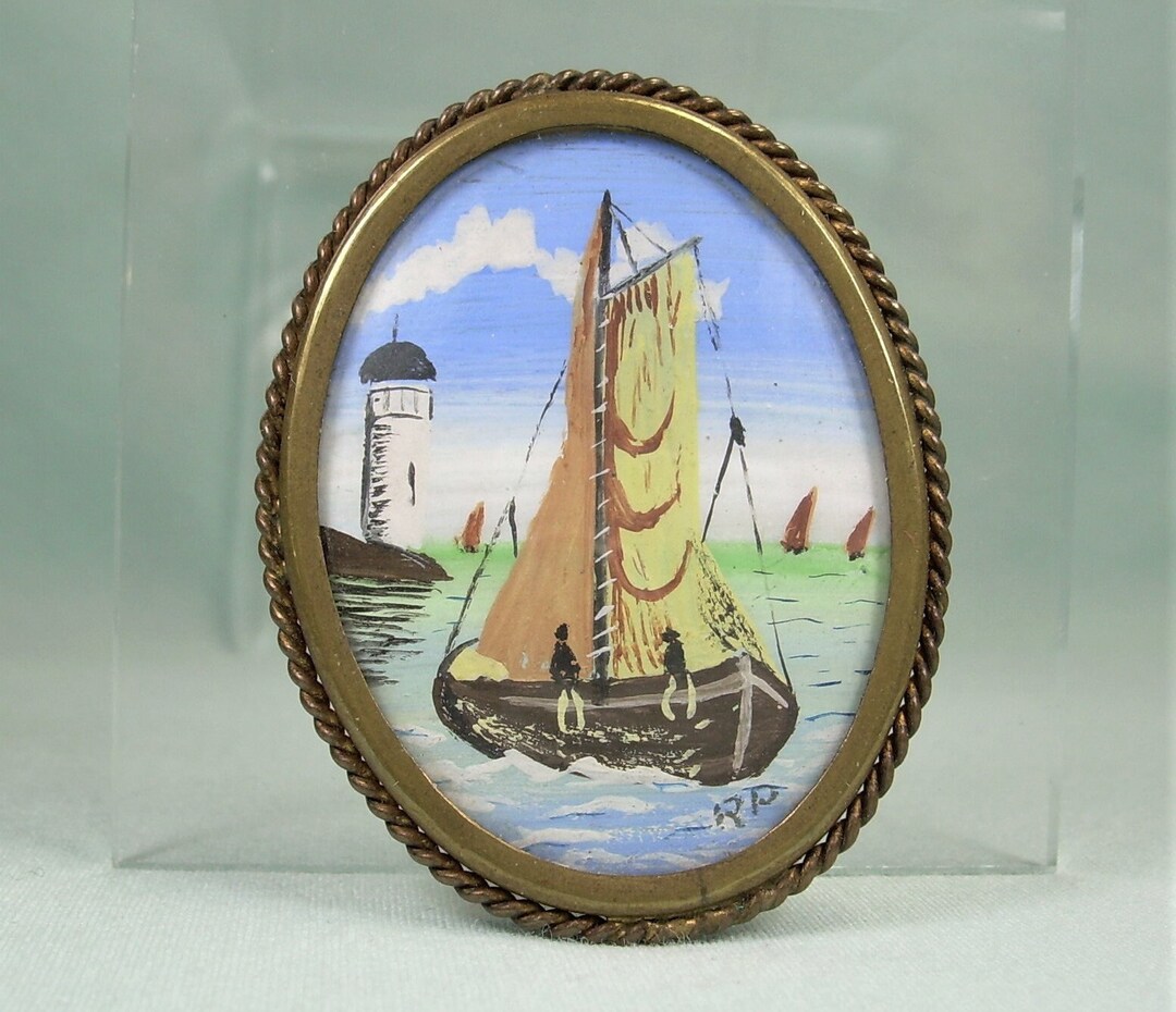 Broche Vintage Avec Peinture Miniature - Bijou Fantaisie Occasion, Peinture à La Main, Bon état