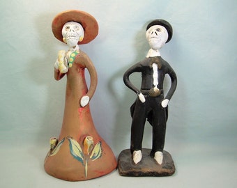 HANDMADE SKELETON Husband & Wife Statues-Vintage Mexico Ceramic Pottery-Mexican Day Of The Dead Sugar Skull Los Muertos-Skull Body Bones