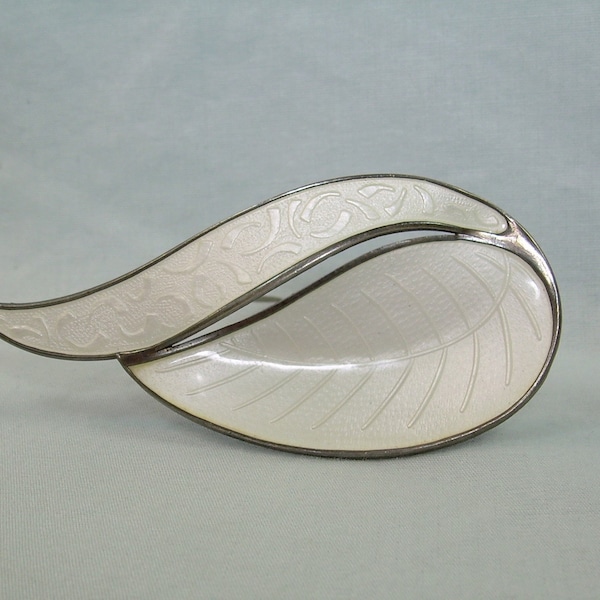 STERLING NORWEGIAN Abstract Leaves Pin Brooch-Vintage Guilloche 925 Silver-White Enamel-Aksel Holmsen Norway Hallmark-Floral Plant Leaf