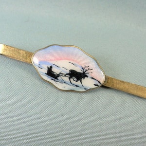STERLING NORWEGIAN REINDEER Midnight Sun Tie Bar Clip-Vintage Gold On 925 Silver-Guilloche-Enamel-O F Hjortdahl Oslo Norway Hallmark-Moose