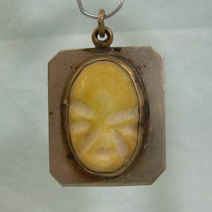 1-3/8&quot; CARVED FACE Pendant Charm-Vintage Alpaca Silver Mix Not Sterling-Yellowing Stone-Mexico Hallmark-Carved Tribal Warrior Mask Deity God