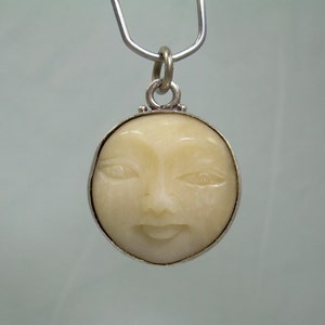 STERLING CELESTIAL Face Charm Pendant-Vintage 925 Silver-Carved Bone Cameo-Peaceful Zen Deity Goddess-Man In The Full Moon-Small Little