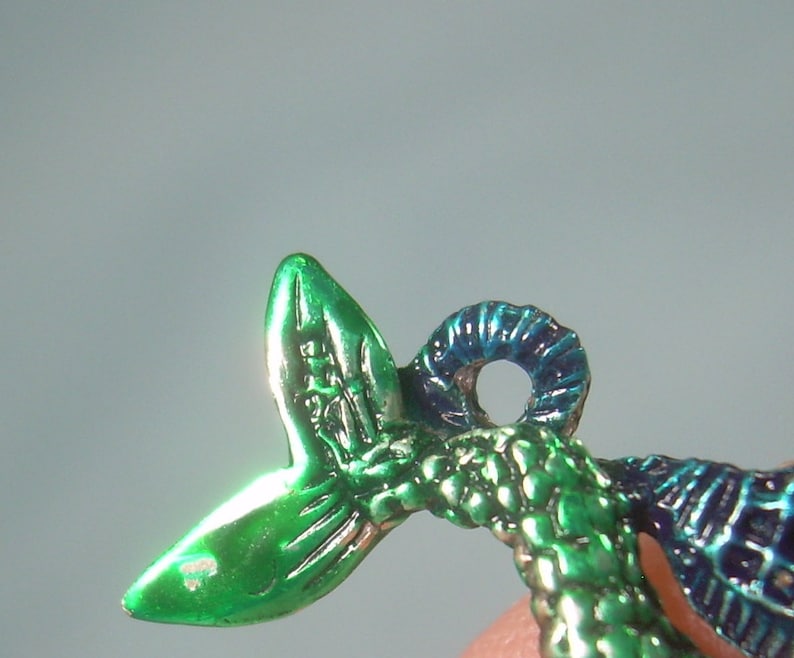 STERLING MERMAID RIDING Seahorse Pendant Charm-Vintage Silver-Blue Green Yellow Enamel-3D Double Sided-Sailor Siren Maiden Ocean Sea Horse