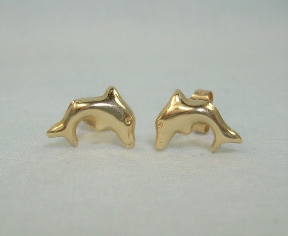 14K TINY DOLPHINS Post Studs Earrings-Vintage .4g… - image 2