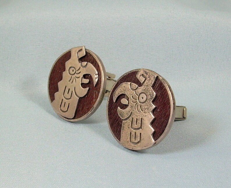 STERLING MEXICO BIRD Cufflinks Cuff Links-Vintage 925 Silver Overlay-Brown Wood-Cheo Hallmark-South America Spirit Sky Deity Condor Parrot