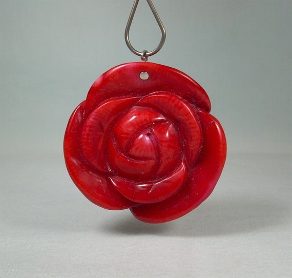 BIG STERLING CORAL Rose Pendant-Vintage 925 Silve… - image 3