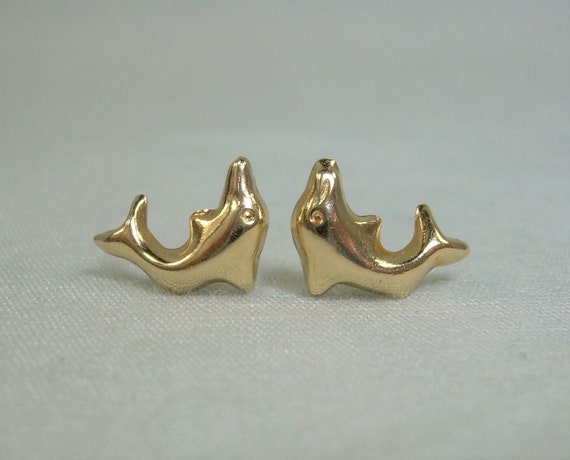 14K TINY DOLPHINS Post Studs Earrings-Vintage .4g… - image 8