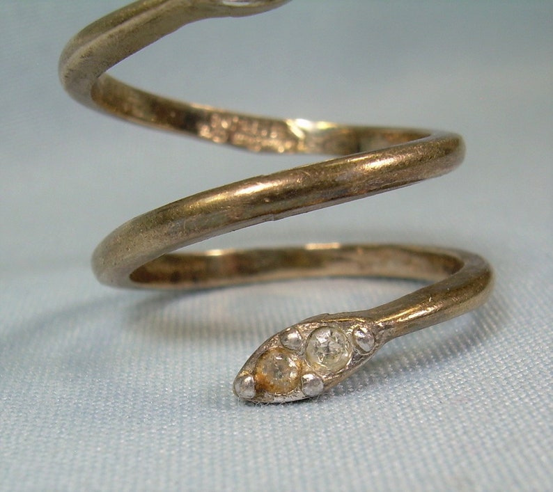STERLING COILED SNAKE Adjustable Wrap Bypass Ring-Vintage Gold On 925 Silver-Cz Crystals-Direction One Hallmark-Rattler Reptile Serpent image 5