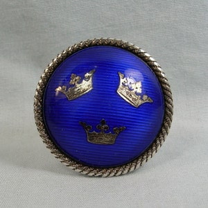 1&quot; 830 SILVER SWEDISH Crown Brooch Pin-Vintage Almost Sterling-Guilloche-Blue Enamel-Antique David Andersen Hallmark-Sweden Scandinavian