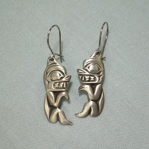 1-3/8&quot; PEWTER HAIDA BEAR Earrings-Vintage 925 Silver-Pnw Pacific Northwest Haida Alaska Tlingit Indian Fetish Animal Shaman Totem Twins