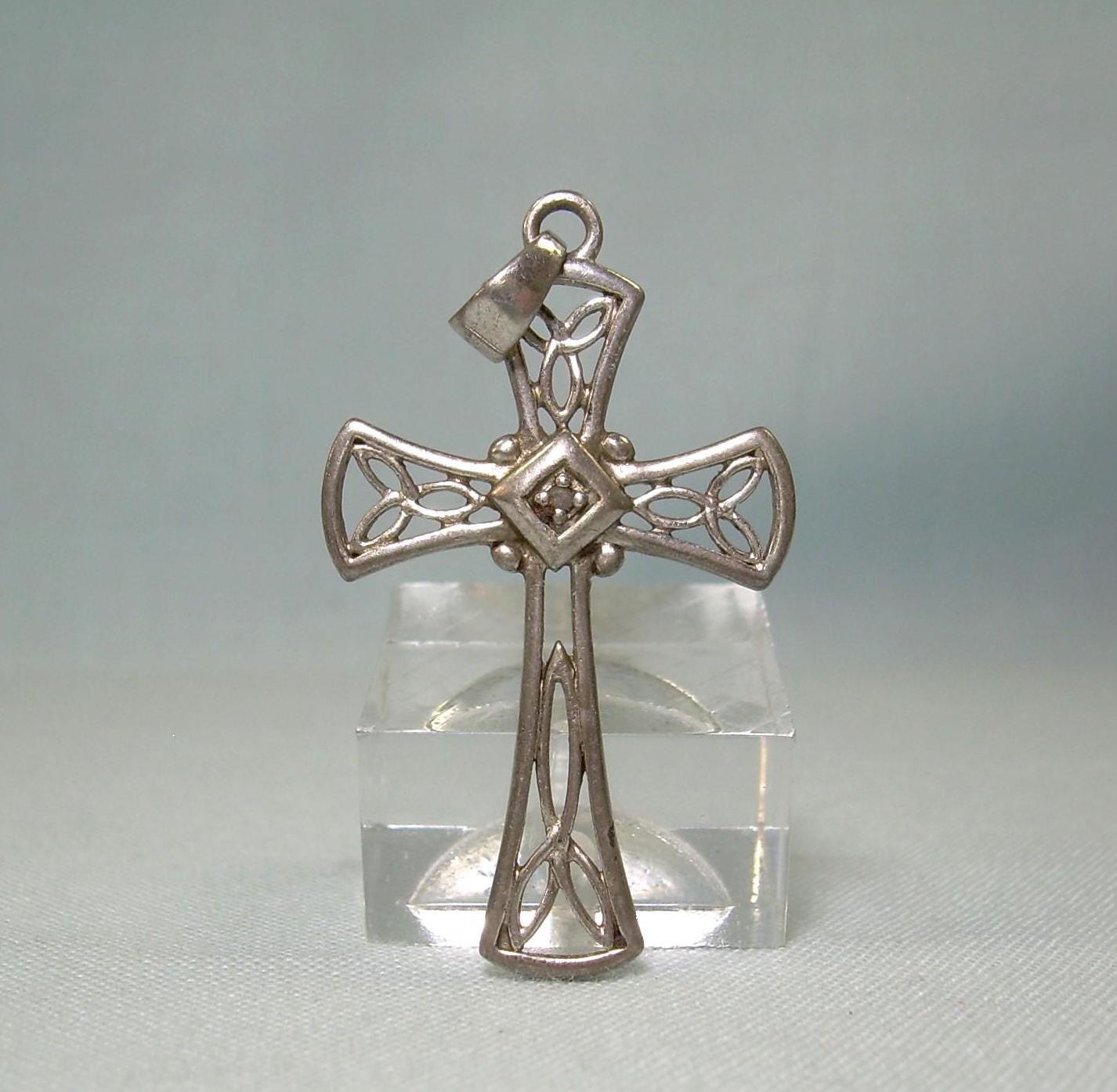 1-7/16" STERLING DIAMOND CELTIC Cross Charm Pendant-vintage 925 Silver ...