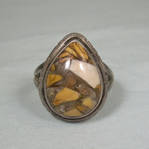 STERLING AGATE Ring Size 8-1/4 Vintage 925 Silver-Natural Brown Cream Quartz Stone-Chunky Southwest Notched-Raindrop Teardrop Droplet