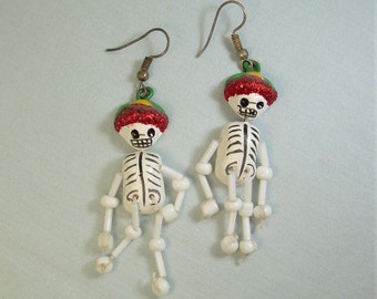 HANDMADE SKELETON Wire Hook Earrings-Vintage Costume-Mexico Day Of Dead Sugar Skull Los Muertos-Dangling Skull Heads Body Bones-Hand Strung