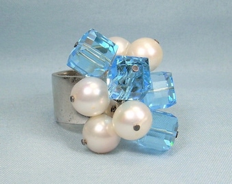 STERLING SCOTTISH Cha Cha Ring-Vintage Heavy Wide 925 Silver Band-Blue Glass Cubes White Pearls Cluster-RT Edinburgh Scotland Hallmark