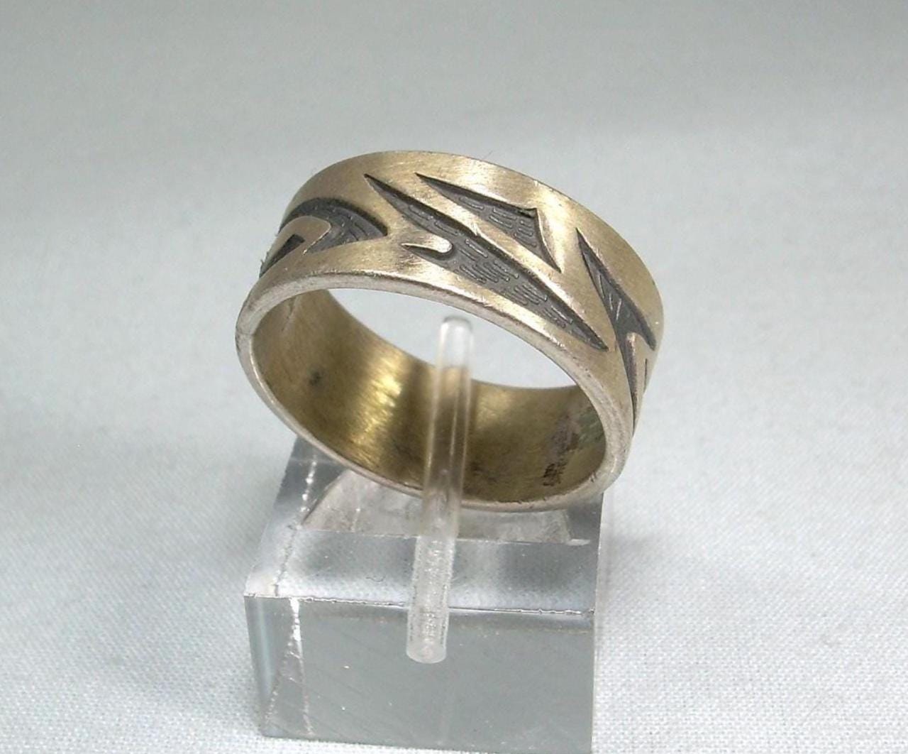 STERLING HOPI Overlay Wide Band Ring Sz 8-1/4 Vintage 925 Silver 