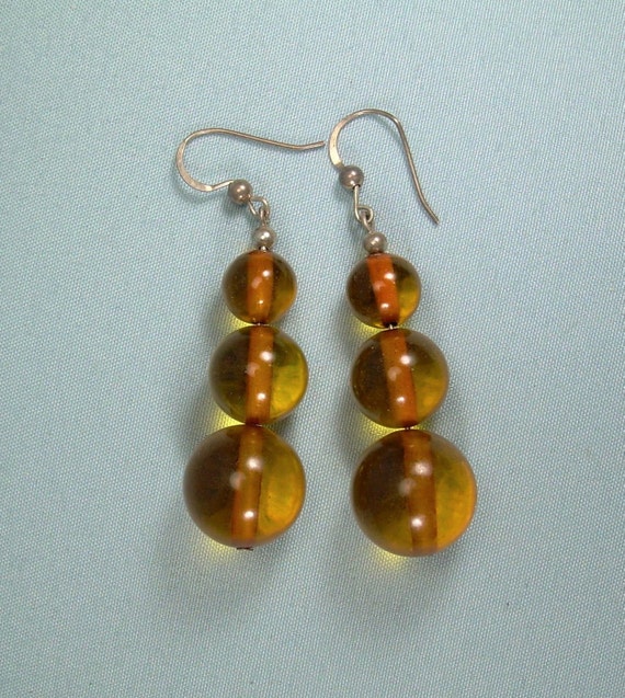 875 SILVER AMBER BALLS Wire Hook Earrings-Vintage… - image 1