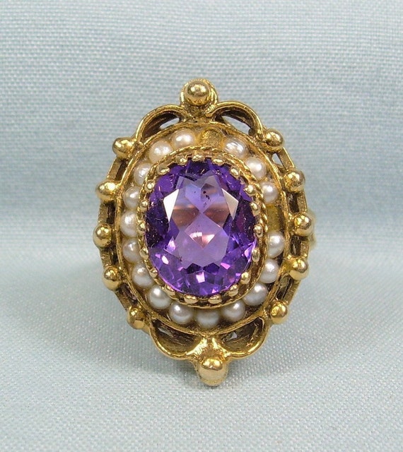 6.6g 14K AMETHYST & PEARL Ring Sz 5 to 5-1/4-Vint… - image 1