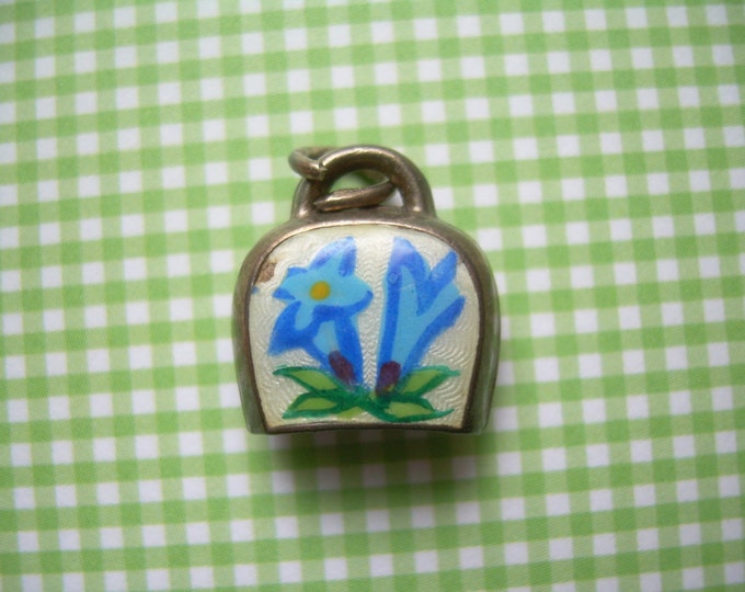 Swiss Cow Bell Charm Pendantguilloche Vintage Antique Sterling Silveralps Blue Gentian Flower