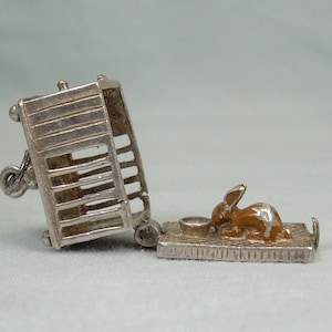 May include: A silver charm in the shape of a cage with a small rabbit inside. The cage is open and the rabbit is drinking from a bowl. The charm is detailed and has a vintage look.