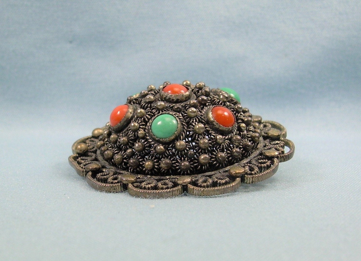 STERLING ANTIQUE Chinese Pin Brooch-vintage Silver-filigree-blue