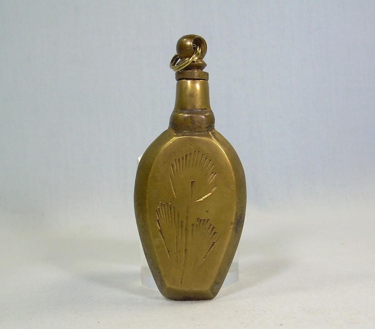 BRASS PERFUME Bottle Pendant-Vintage Gold Tone-Etched Flora Plant-Miniature Mini Perfume Scented Oil Snuff Potion Poison Vial Canteen Urn