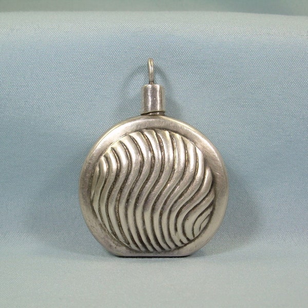 Pendentif de flacon de parfum MEXICAIN STERLING - Vintage gros argent 925 - Taxco Mexico Mexique ti-62 poinçon ondulé nervuré parfum flacon d'huile de cendre urne à priser