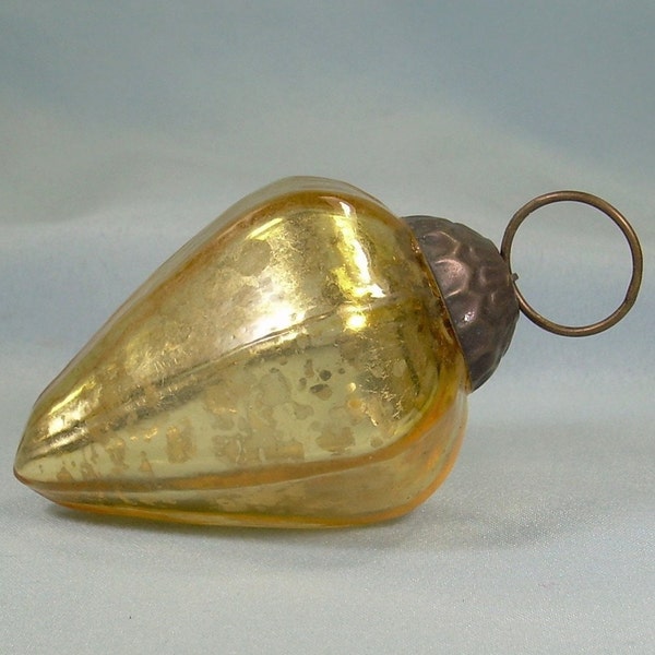 VINTAGE GLASS ORNAMENT-Decorative Brass Cap-Golden Yellow Crackle Reverse Painted Inside-Heavy Old Pointed Pendulum Acorn Pinecone Icicle