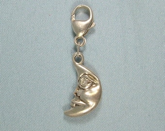 STERLING CRESCENT MOON Charm Pendant-Vintage 925 Silver-Crystal Eyes-Celestial Man In The Moon Face-Small Little-Dangling Hanging Astrology