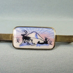 STERLING NORWEGIAN REINDEER Midnight Sun Tie Bar Clip-Vintage Gold On Silver-Guilloche-Enamel-Aksel Holmsen Norway 925S Hallmark-Moose Deer