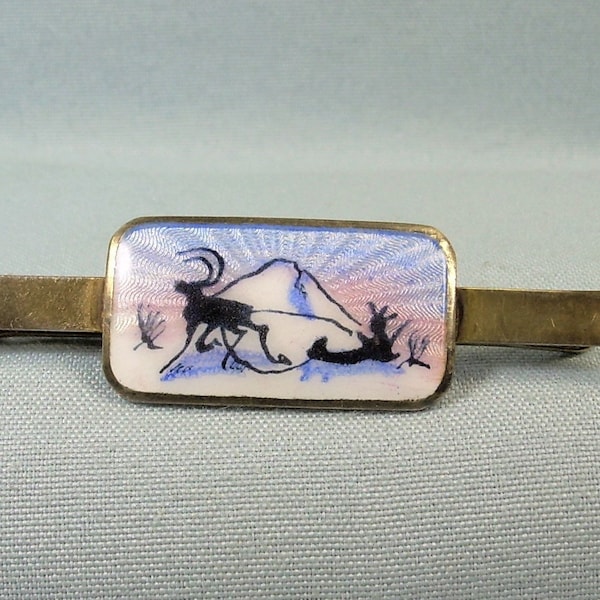 STERLING NORWEGIAN REINDEER Midnight Sun Tie Bar Clip-Vintage Gold On Silver-Guilloche-Enamel-Aksel Holmsen Norway 925S Hallmark-Moose Deer