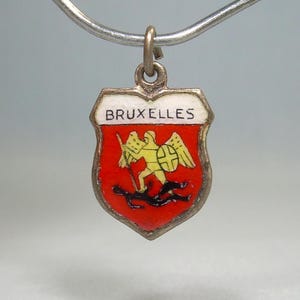 800 SILVER BRUXELLES BRUSSELS Travel Shield Charm Pendant-Vintage Almost Sterling-Enamel-Souvenir-Heraldic Heraldry Crest-Saint St Michael