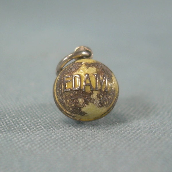 ANTIQUE EDAM CHEESE Tiny Ball Charm Pendant-Vintage Guilloche Sterling 800 Coin Silver-Yellow Enamel-Dutch Holland Netherlands Germany-06830