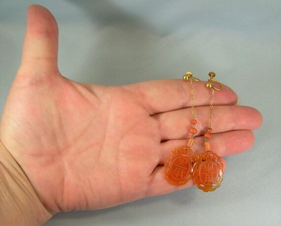 14K CHINESE CARVED CARNELIAN Coral Earrings-Antiq… - image 10