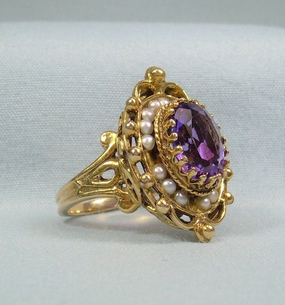 6.6g 14K AMETHYST & PEARL Ring Sz 5 to 5-1/4-Vint… - image 2