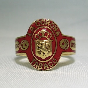 18kt LA CORONA Tabaco Importado Zigarren Band Ring-Vintage 750au 18K Gelbgold & Helle Blutrote Emaille-jbm Markenzeichen-Crown Label Panatella