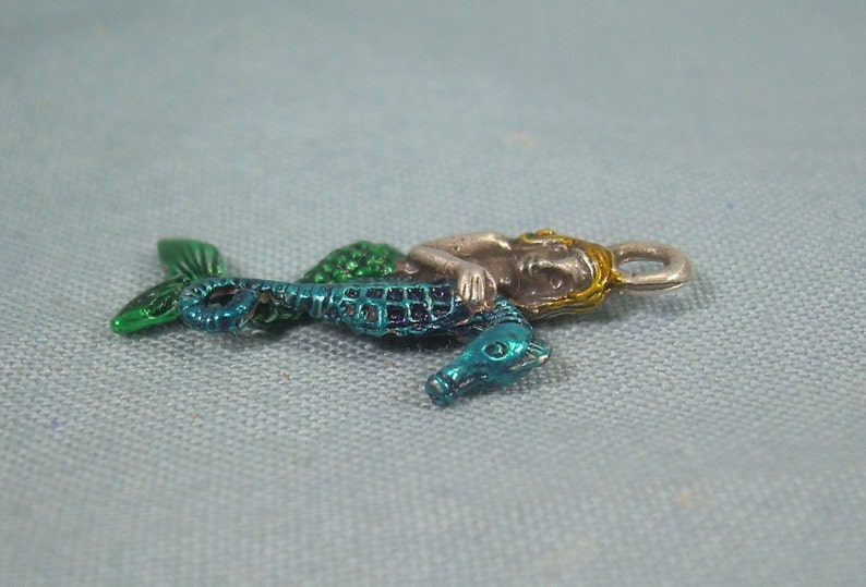 STERLING MERMAID RIDING Seahorse Pendant Charm-Vintage Silver-Blue Green Yellow Enamel-3D Double Sided-Sailor Siren Maiden Ocean Sea Horse