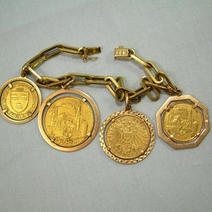 56.7g 24K Gold Antique Bavarian Coins On 18K Link Bracelet-Solid 750 au & 986 au-Landshut Commemoratives-German Deutsches Reich 1900 20 Mark