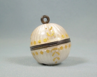 STERLING VINAIGRETTE LOCKET Mirror Charm Pendant-Vintage Guilloche Gold On 925 Silver-Enamel-Pomander Perfume Scent Diffuser Ball Orb Opens
