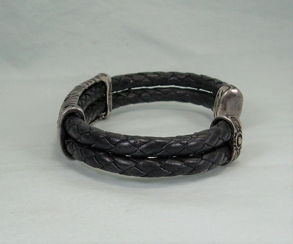STERLING LEATHER Cuff Bracelet-vintage 925 Silver Slide STERLING LEATHER Cuff Bracelet-vintage 925 Silver Slide