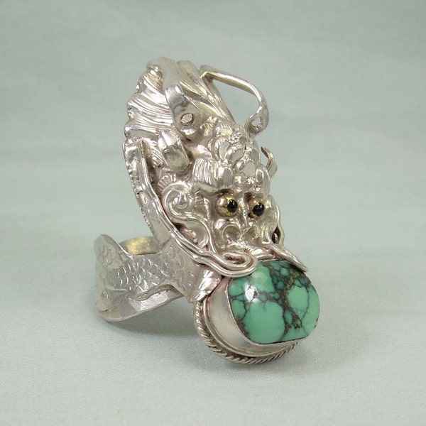 DRAGON CHINOIS STERLING Taille 11 - Argent 925 vintage-Bleu turquoise du Tibet-Serpent de la bonne fortune oriental-créature dimensionnelle-année de la bête