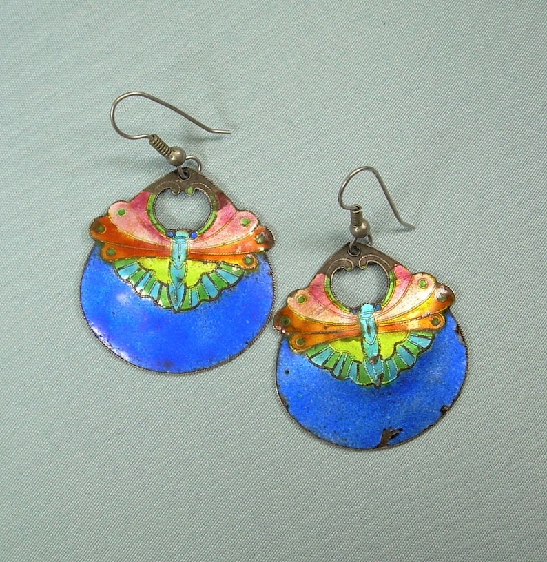 STERLING CHINESE BUTTERFLY Moths Wire Hook Earrings-Vintage 925 Silver-Blue Pink Orange Lime Green Enamel-Cloisonne-Traditional China