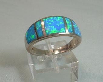 STERLING OPAL Inlay Ring Size 8-3/4 Vintage 925 Silver-5 Star Fivestar Hallmark-Wide Face Band-Iridescent Bright Blue & Green Fire Colors