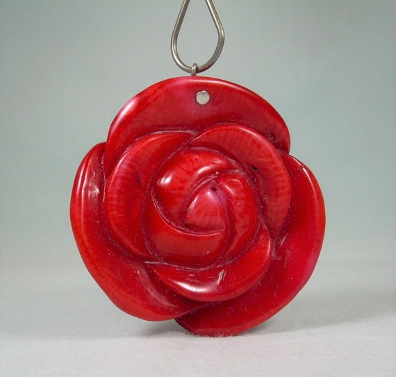 BIG STERLING CORAL Rose Pendant-Vintage 925 Silve… - image 1